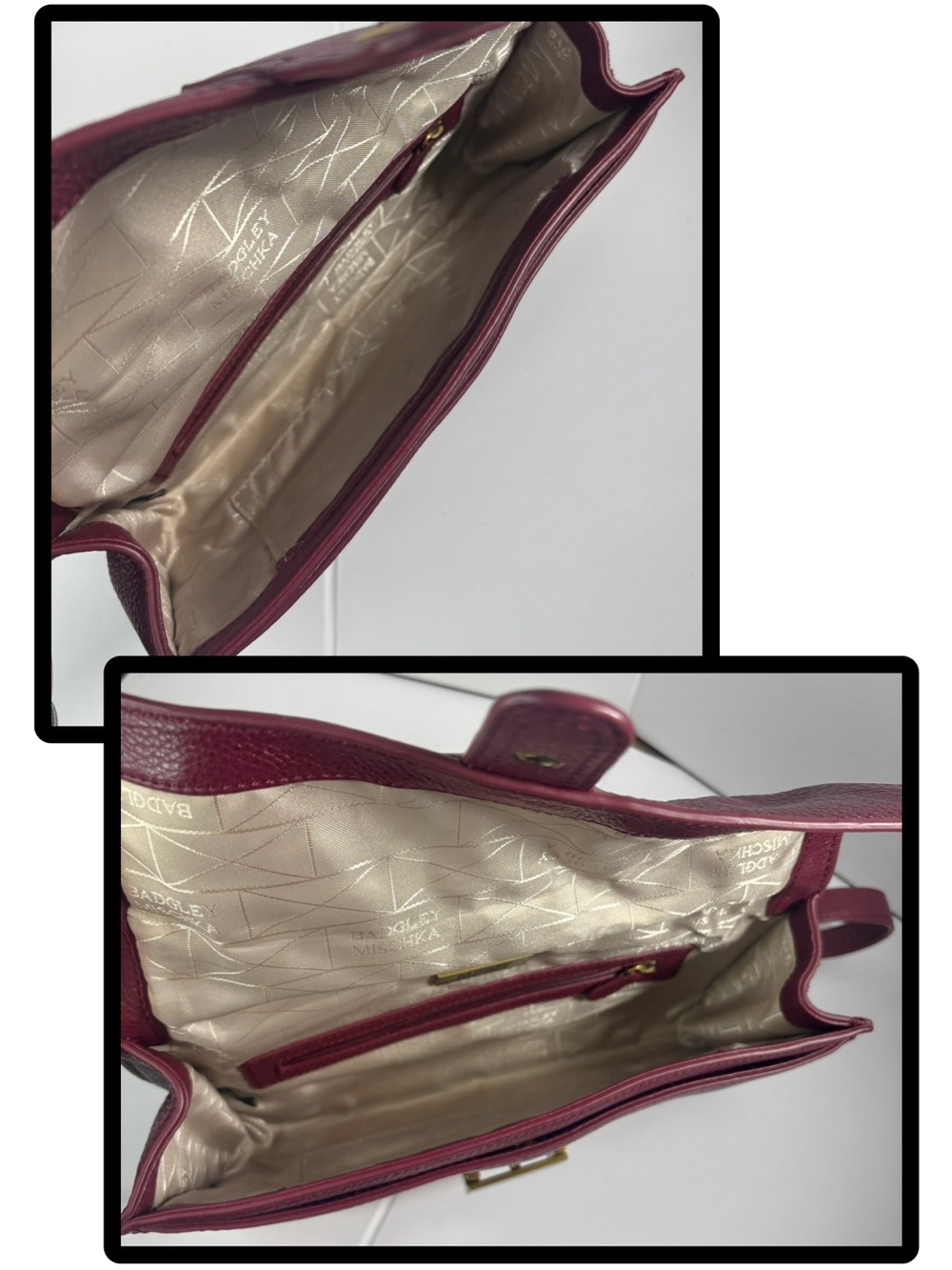 Badgley Mischka Burgundy Pebbled Leather Foldover Shoulder Bag Gold Chain - Picture 10 of 12